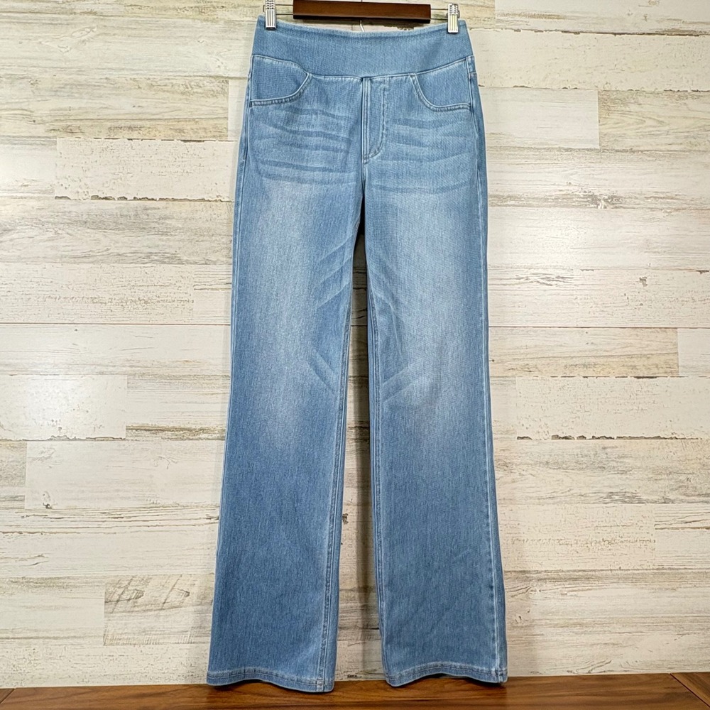 Halara Flex High Waisted Pockets Washed Bootcut Jeans M Light Blue Tummy Control